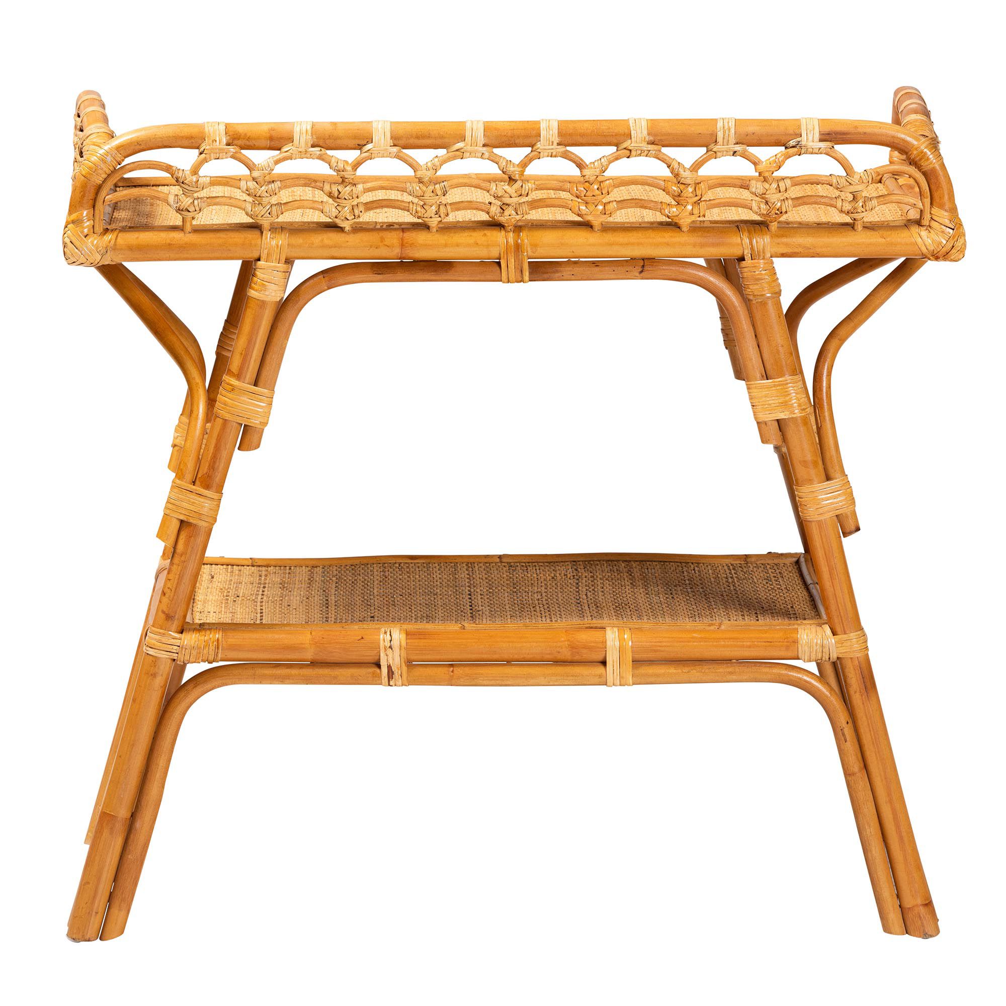 Image 5 bali & pari Nayana Modern Bohemian Natural Rattan 2 Tier Console Table more views