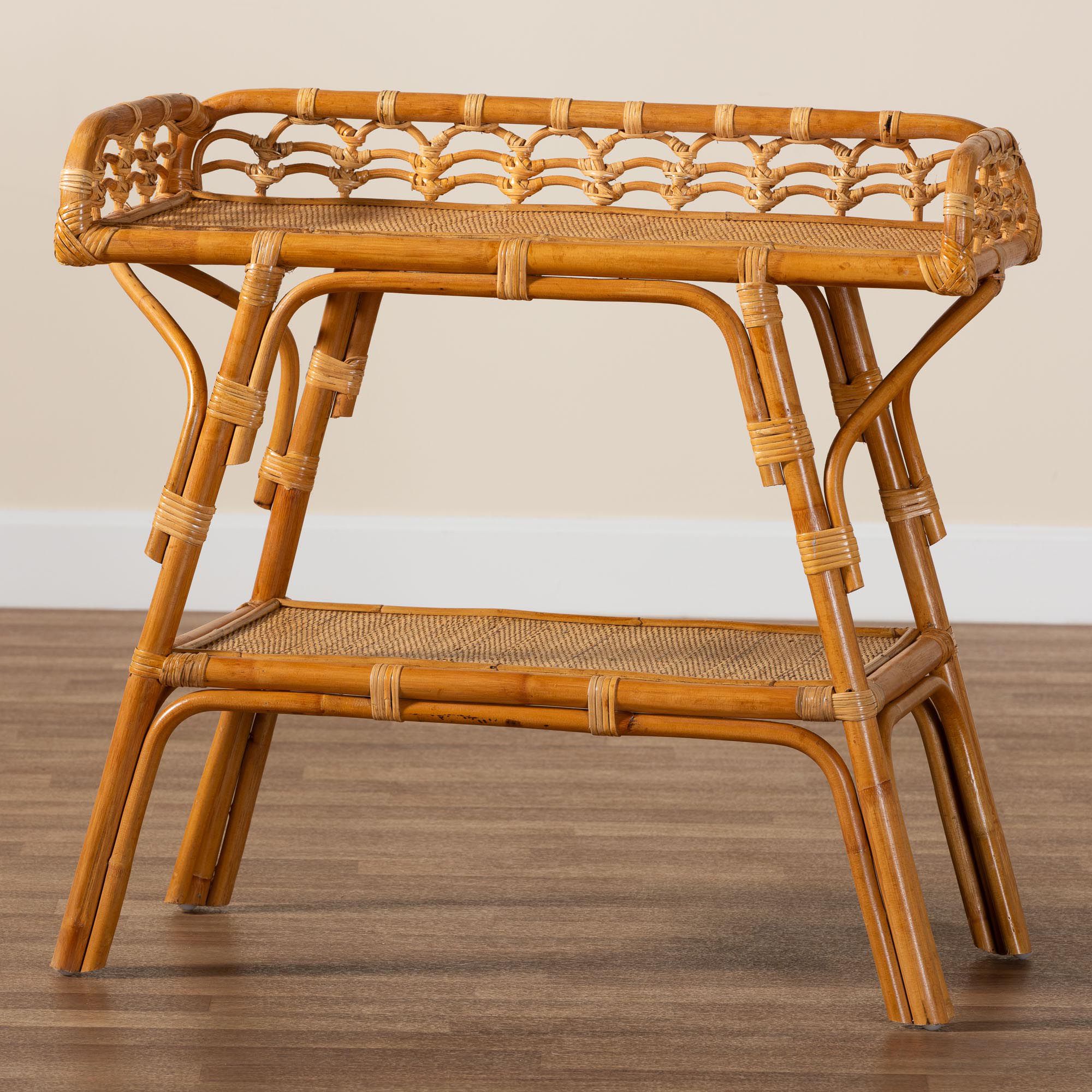 bali & pari Nayana Modern Bohemian Natural Rattan 2 Tier Console Table