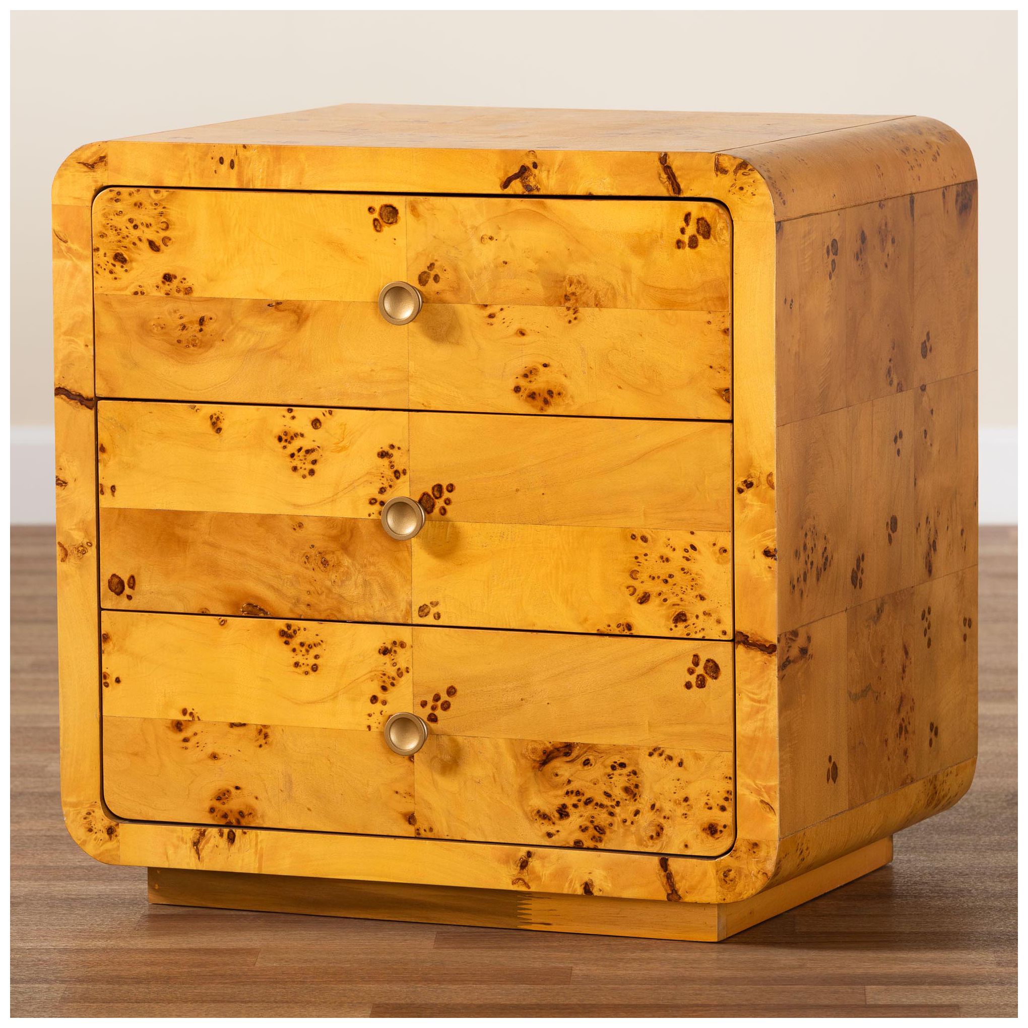 bali & pari Netra Modern Natural Real Burl Wood 3-Drawer Nightstand