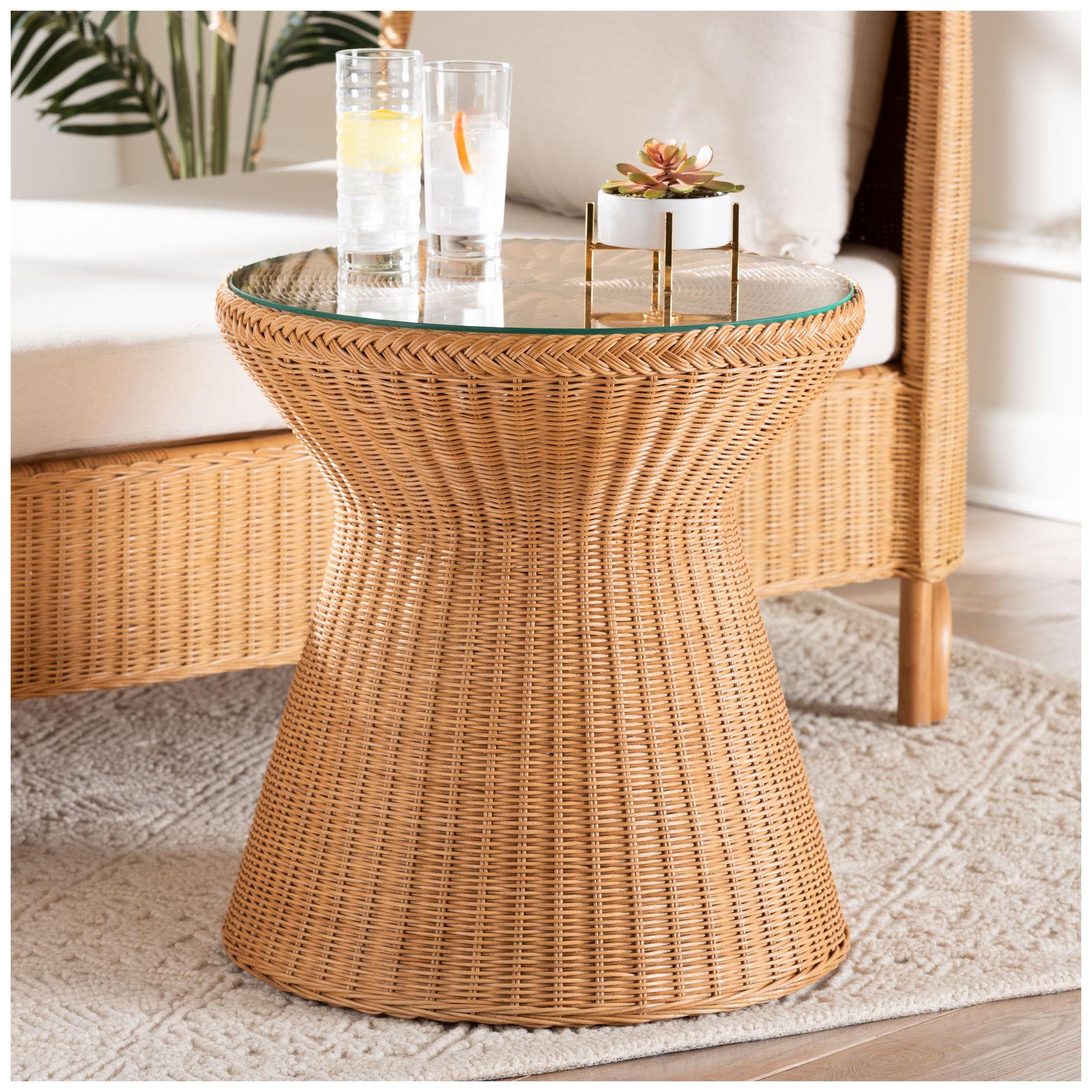 Image 4 bali & pari Nina Light Honey Braided Rattan End Table with Glass Tablet more views