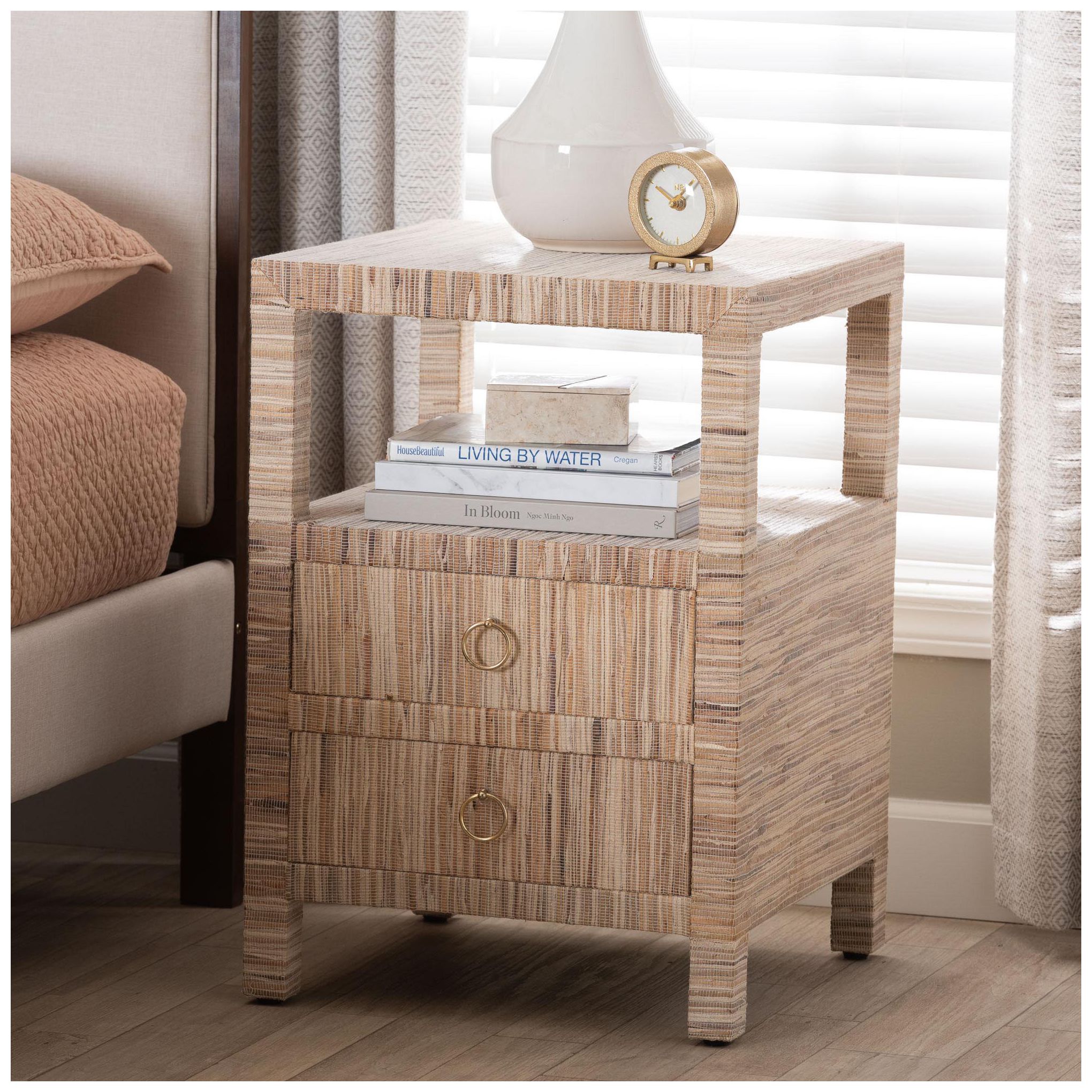Image 2 bali & pari Paine Bohemian Woven Grasscloth 2-Drawer Nightstand more views