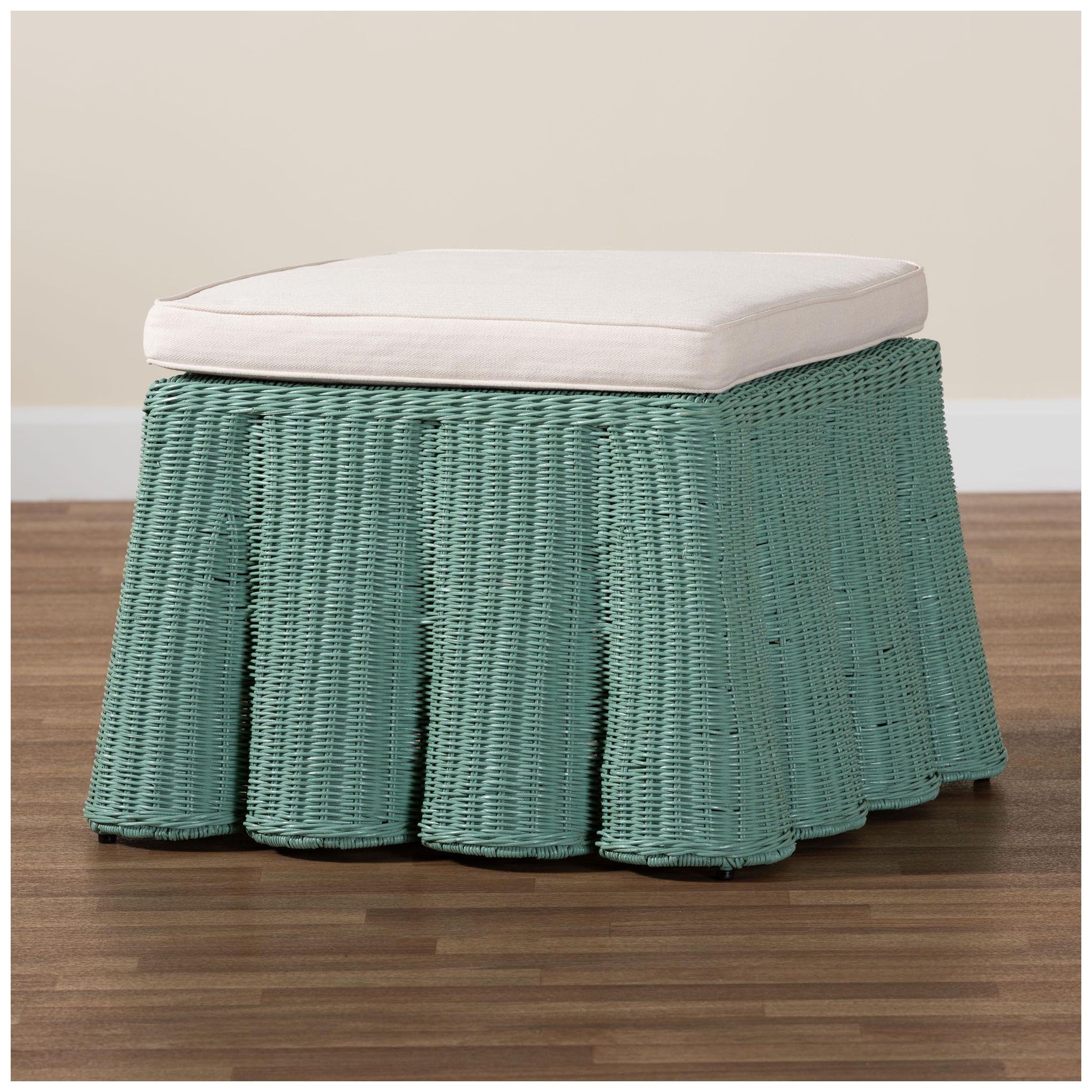 Image 6 bali & pari Palm Bohemian Seafoam Green Scallop Rattan Ottoman more views