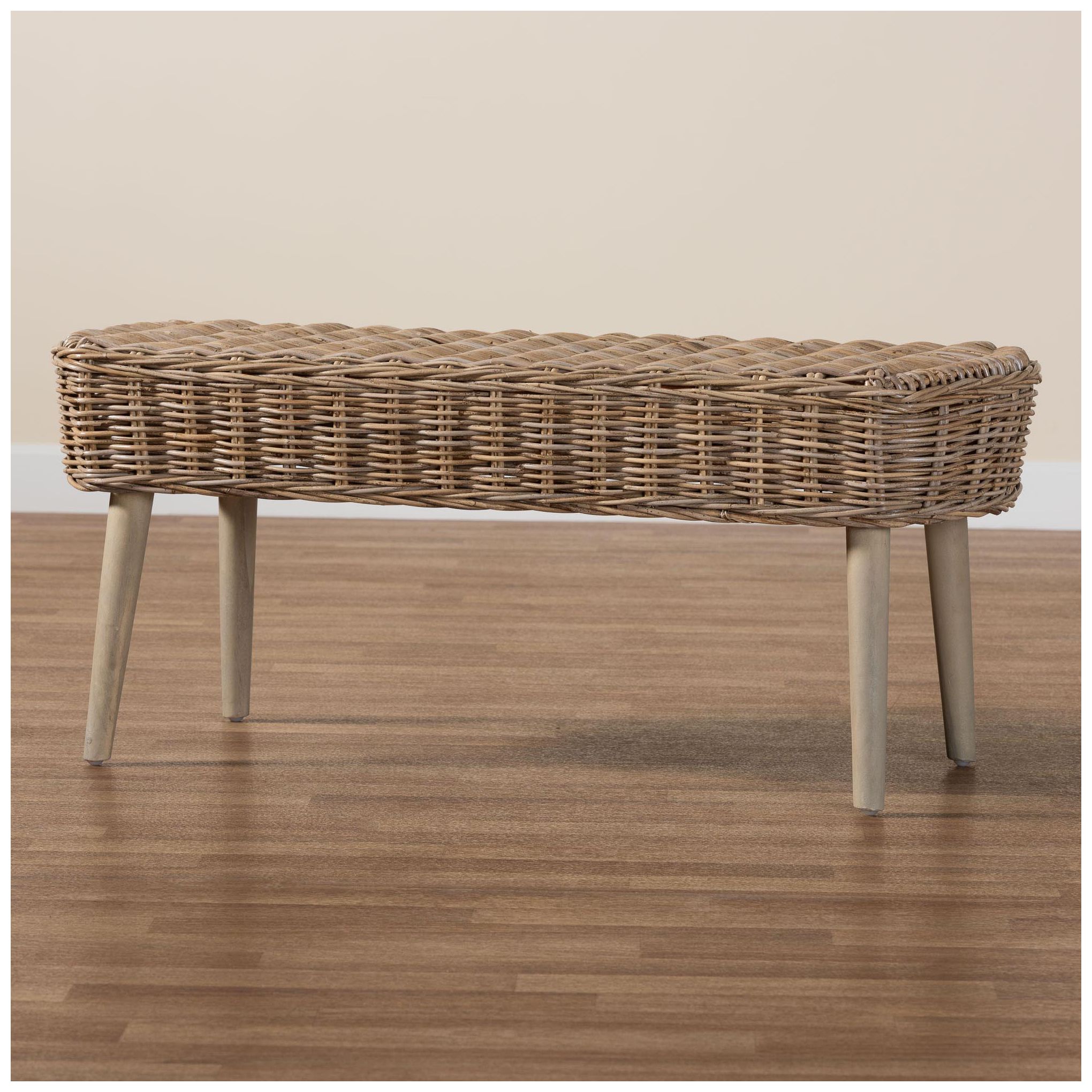 bali & pari Raisa Natural Kubu Rattan and Grey Acacia Wood Accent Bench