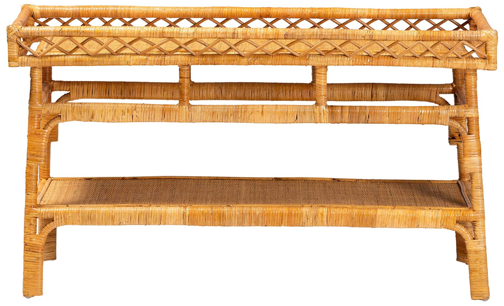 Image 3 bali & pari Savitri Modern Bohemian Natural Rattan 2 Tier Console Table more views