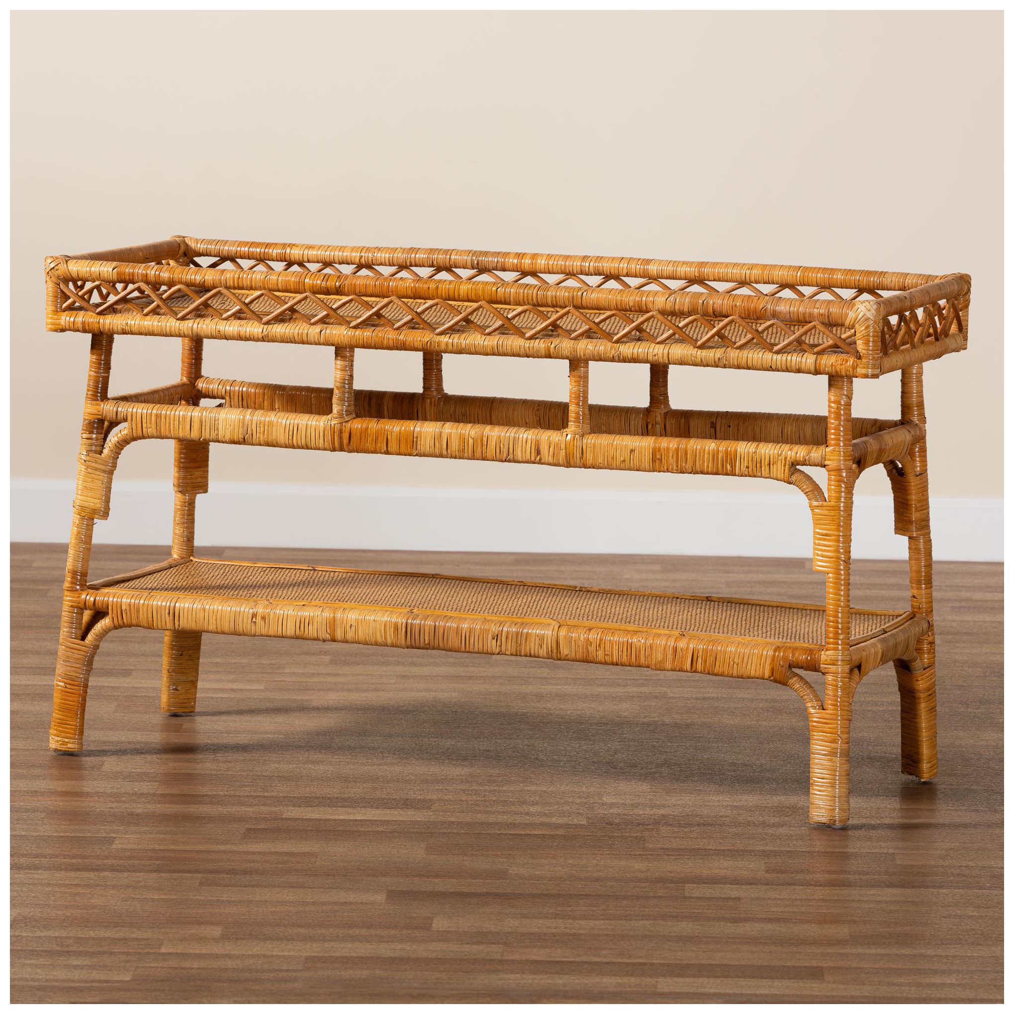 bali & pari Savitri Modern Bohemian Natural Rattan 2 Tier Console Table
