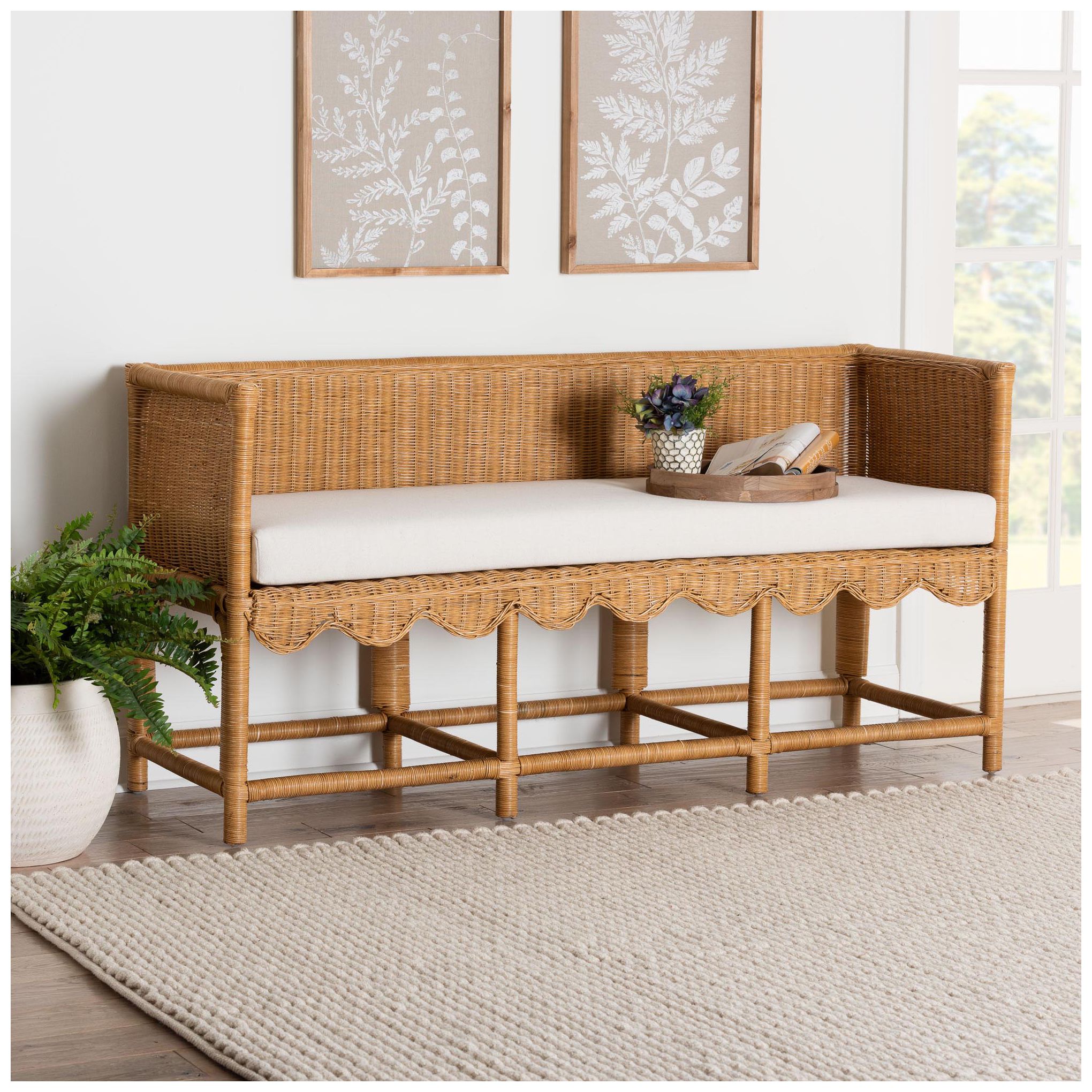Image 3 bali & pari Seranay Bohemian Scallop Light Honey Rattan Accent Bench more views