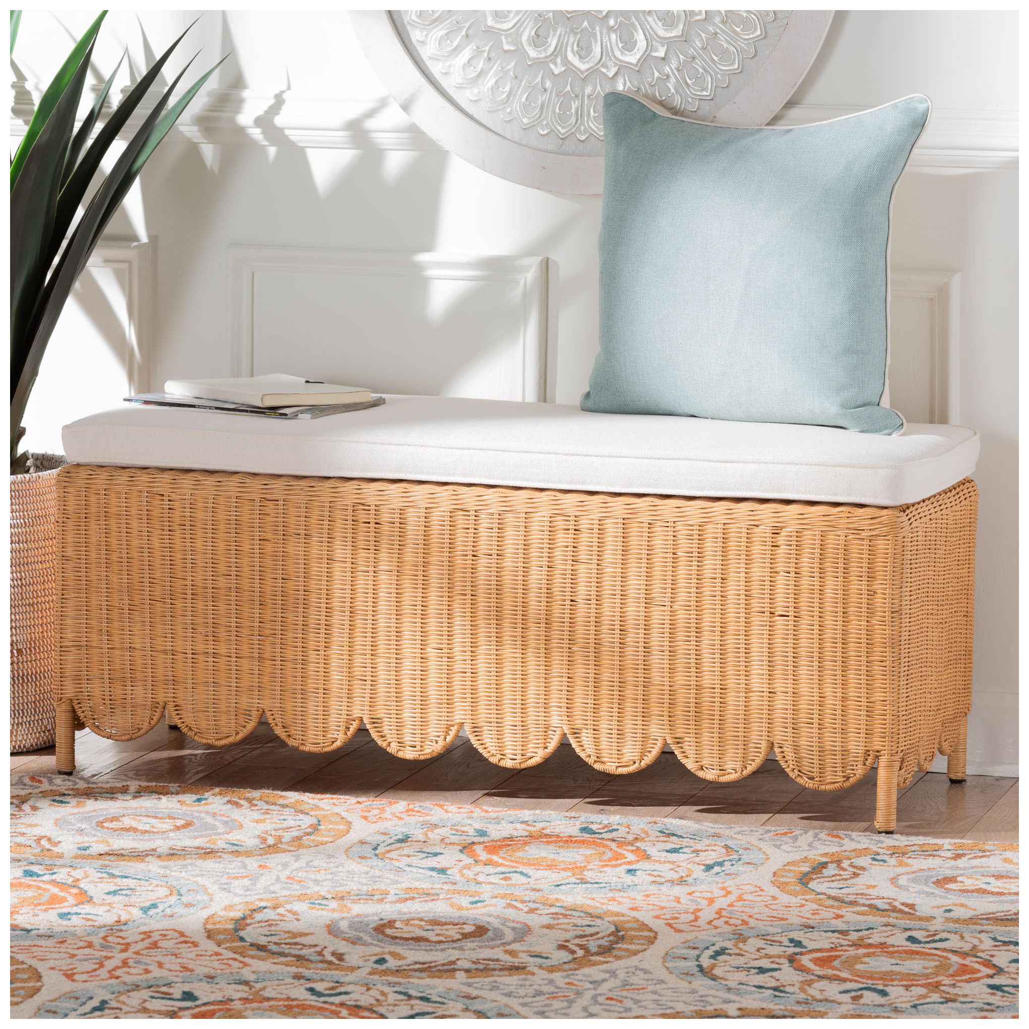 Image 2 bali & pari Teresa Bohemian Light Honey Scalloped Rattan Ottoman Bench more views