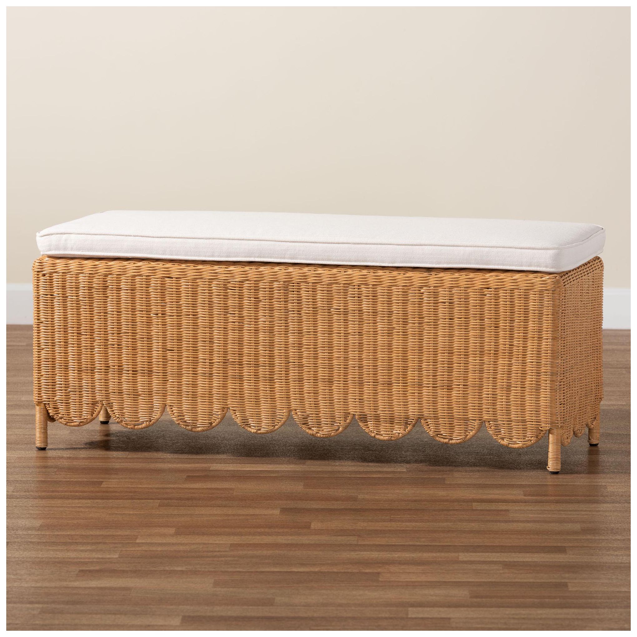 Image 7 bali & pari Teresa Bohemian Light Honey Scalloped Rattan Ottoman Bench more views