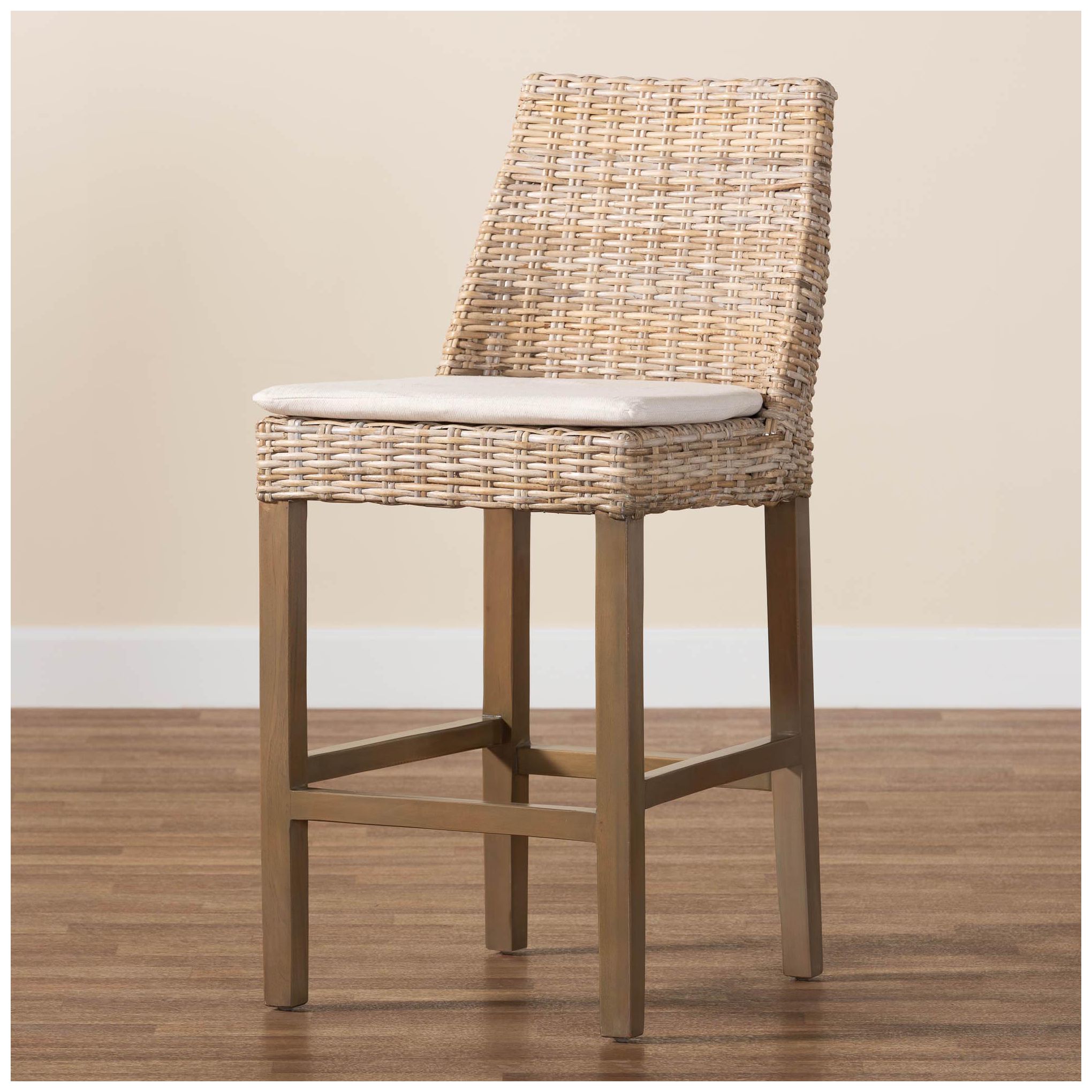 bali & pari Toby Grey Kubu Rattan and Mahogany Wood Counter Stool