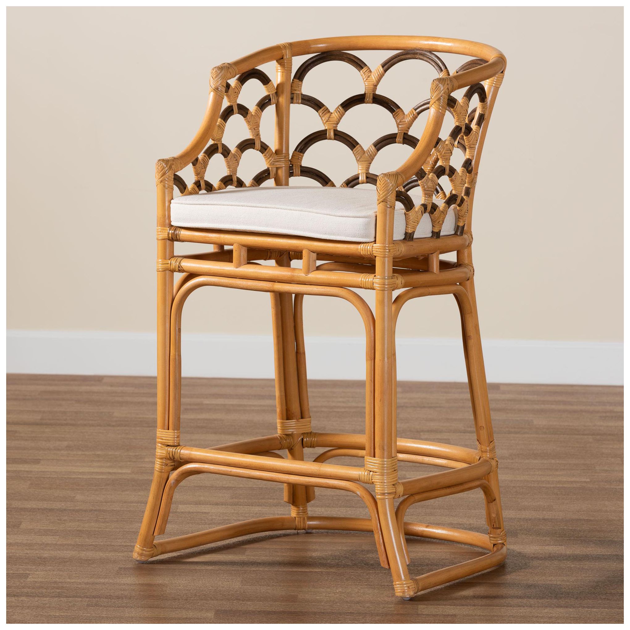 bali & pari Veneto Modern Light Honey and Dark Brown Rattan Bar Stool