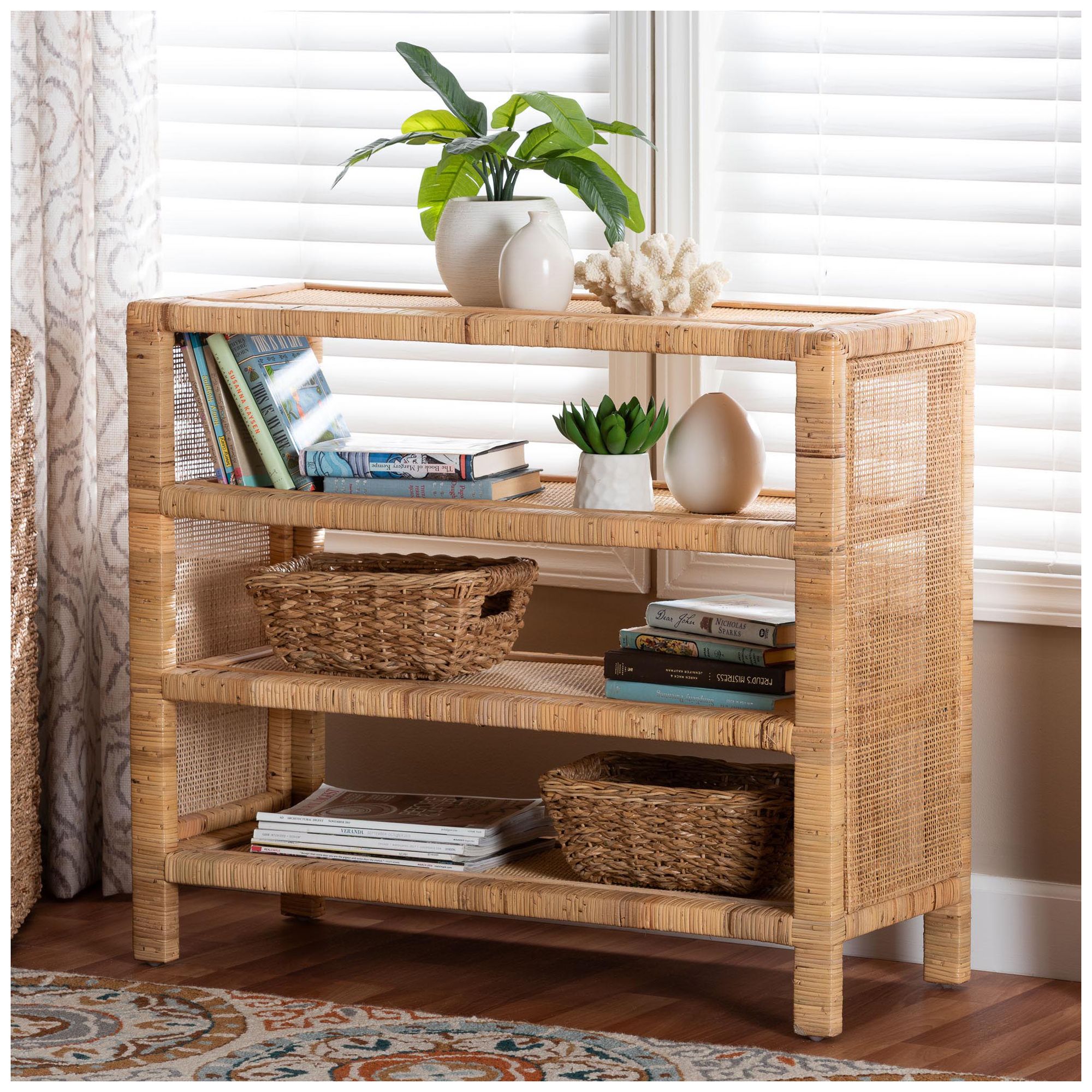 Image 2 bali & pari Abelia Natural Rattan 4-Tier Display Shelf-Coastal Bookcase more views