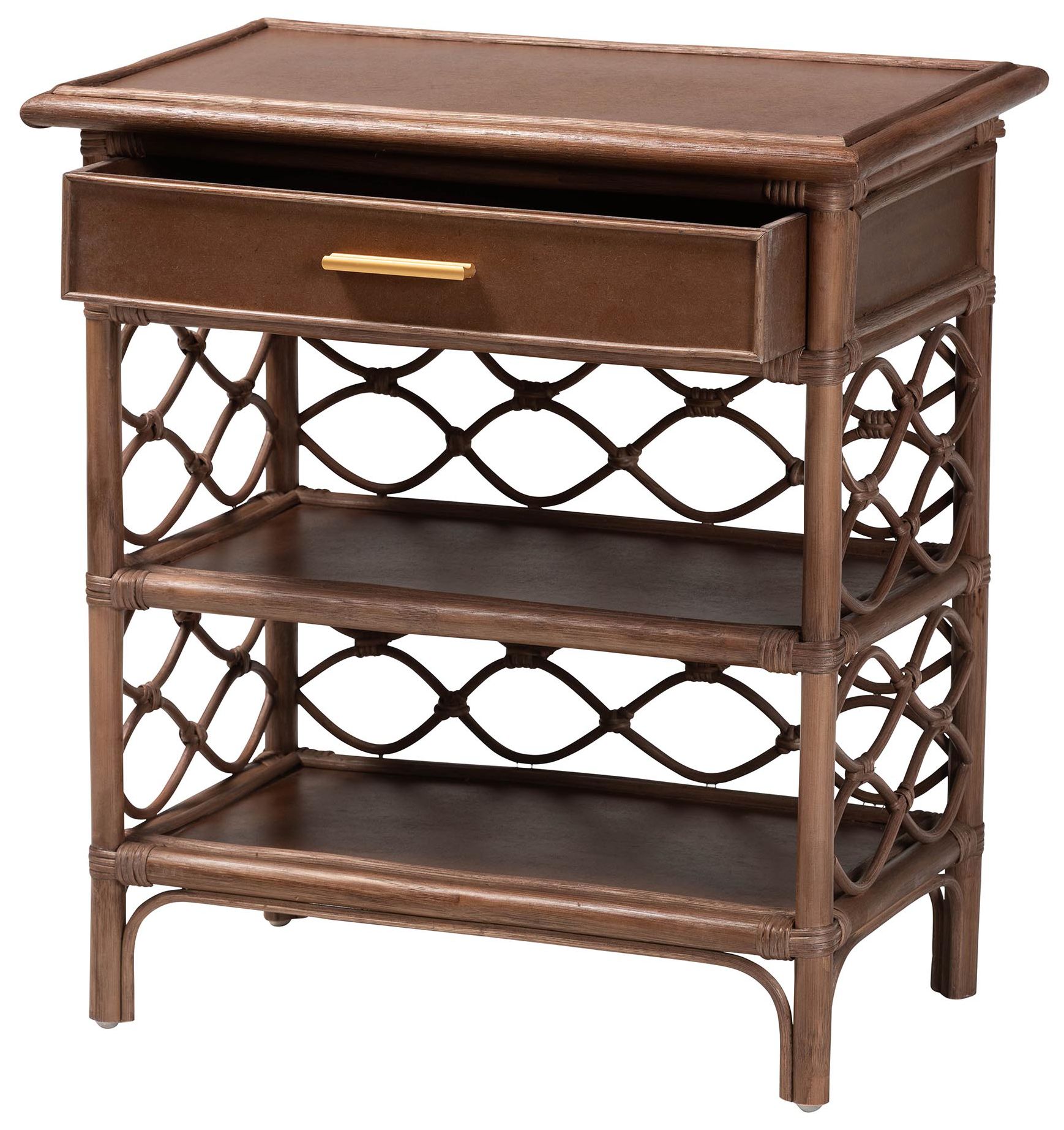 Image 3 bali & pari Akane Brown Natural Rattan Nightstand with Drawer and Shelves more views