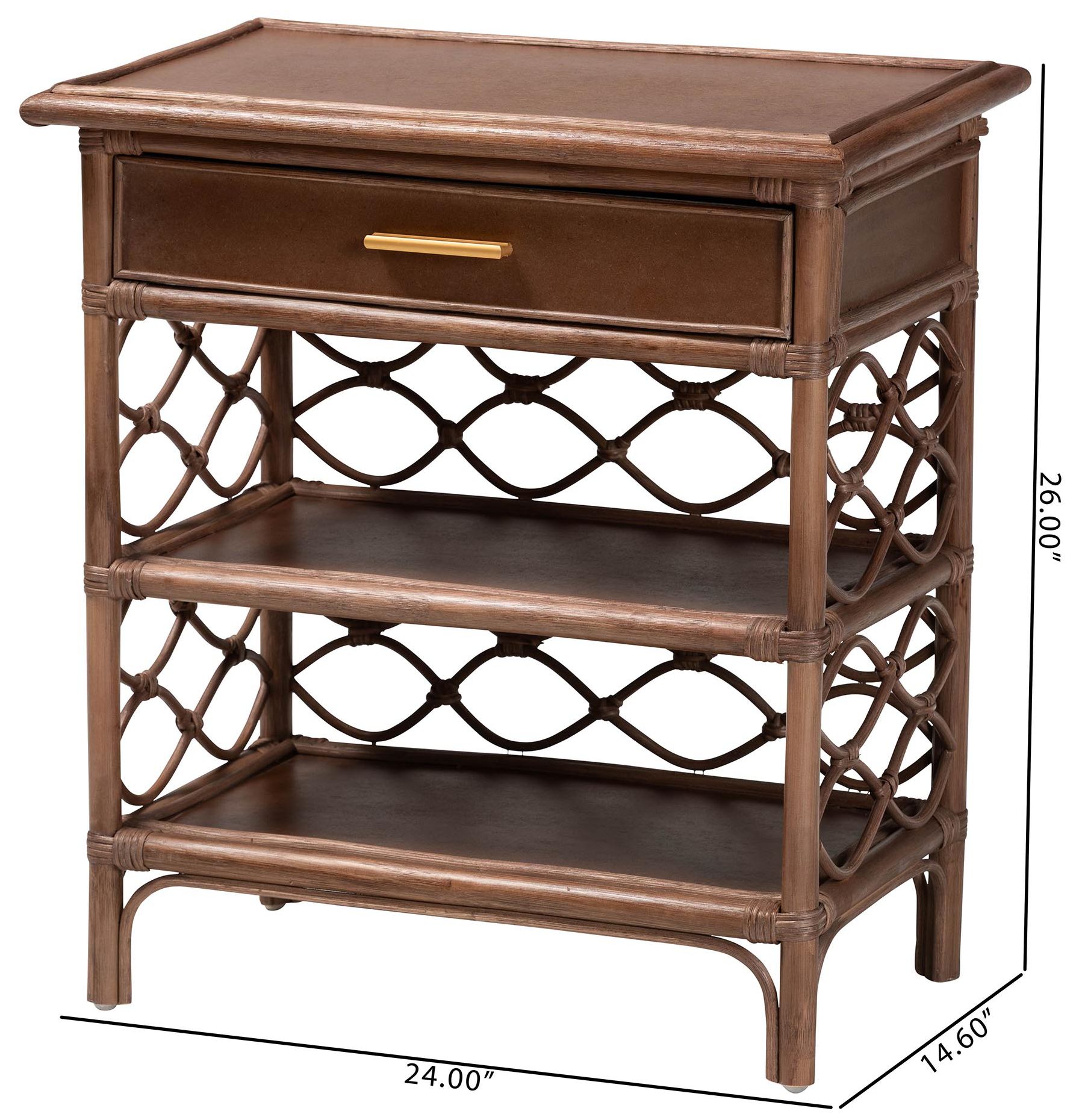 bali & pari Akane Brown Natural Rattan Nightstand with Drawer and Shelves