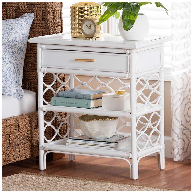 Image 1 bali & pari Akane White Natural Rattan Nightstand with Drawer and Shelves