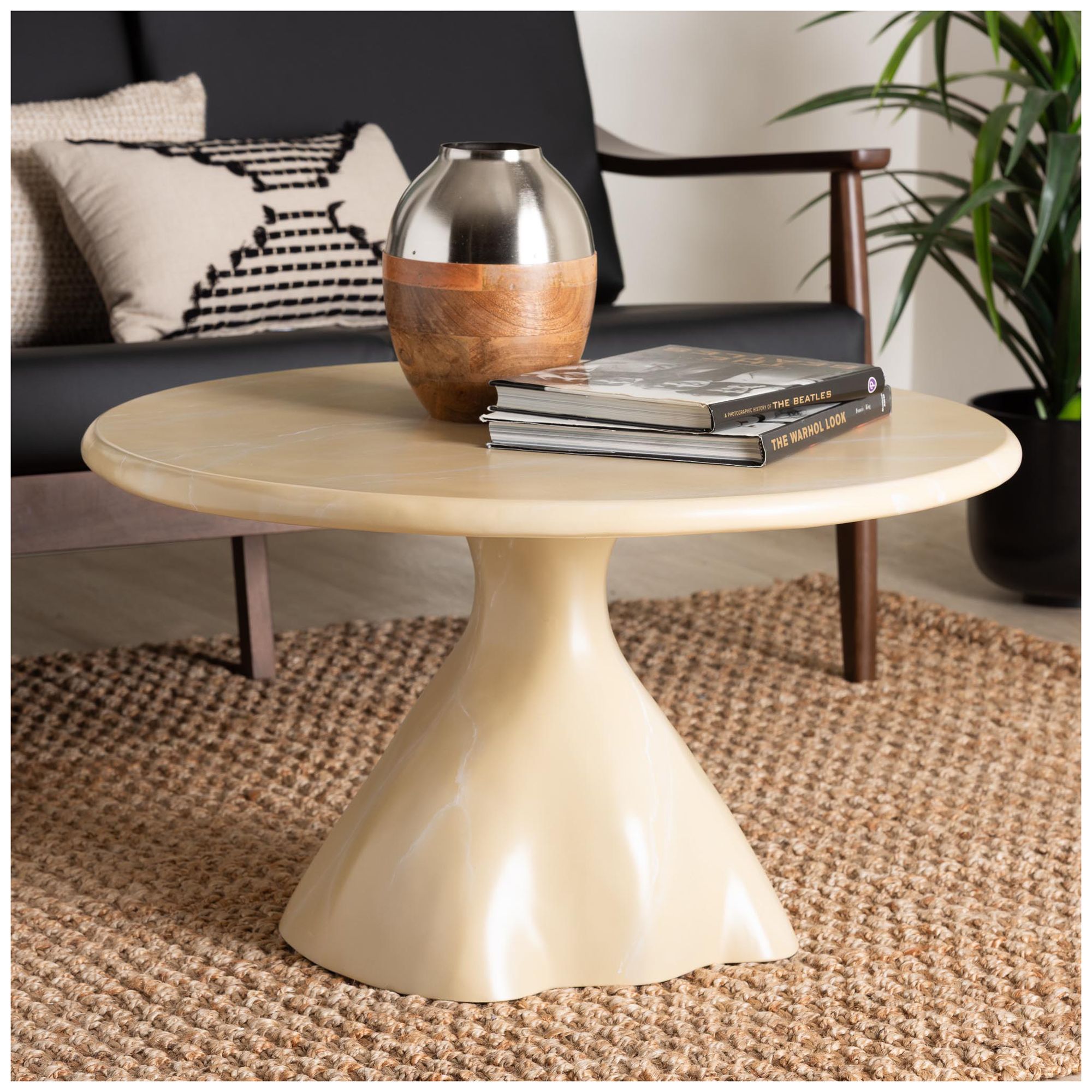 bali & pari Aponi Marbled Resin Coffee Table with Round Top, Cream