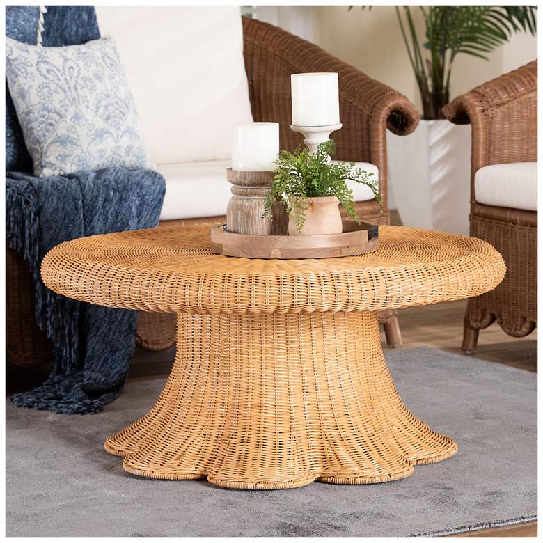 Image 1 bali & pari Avalon Natural Rattan Round Coffee Table with Pedestal Base