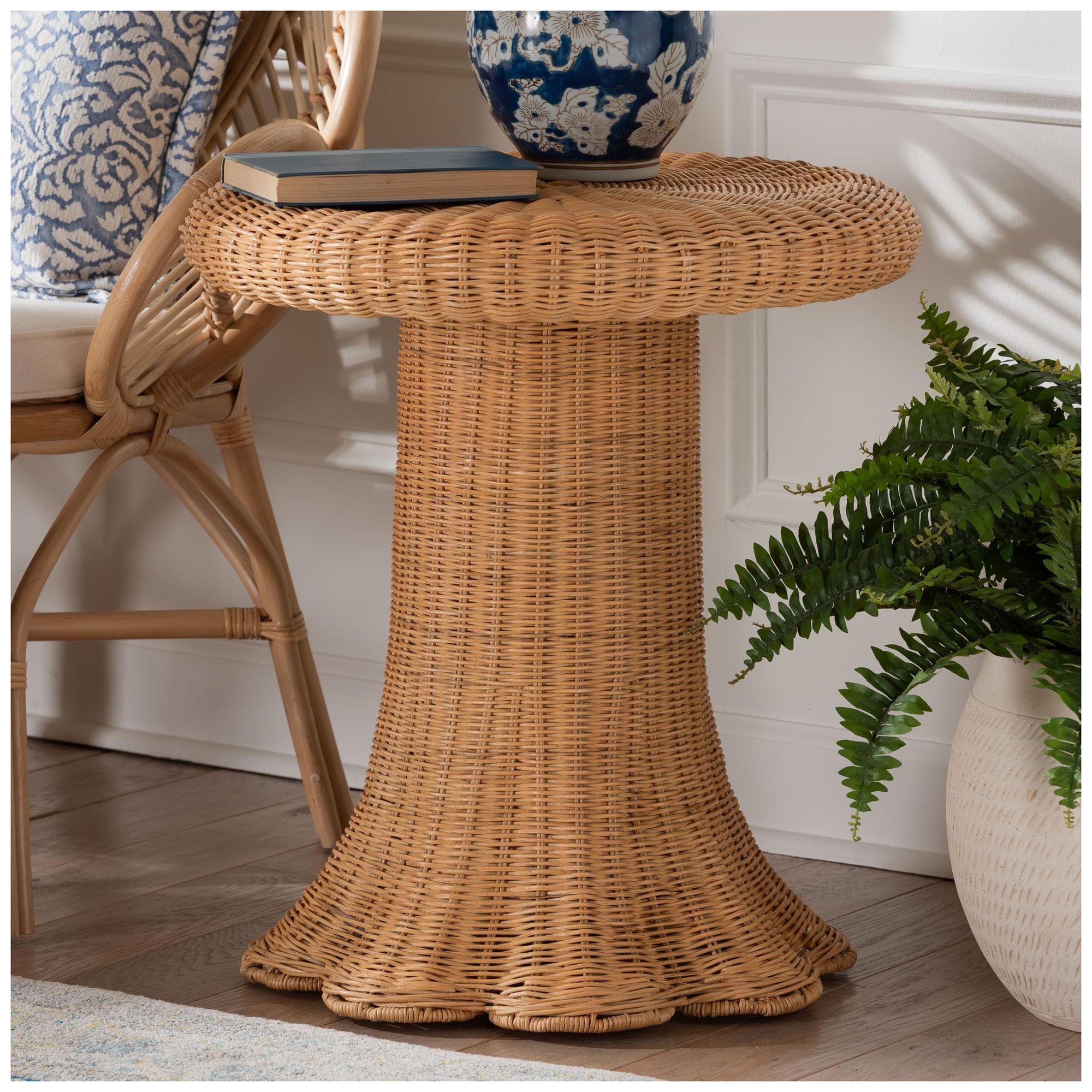 Image 3 bali & pari Avalon Scallop Natural Rattan Pedestal Side Table more views