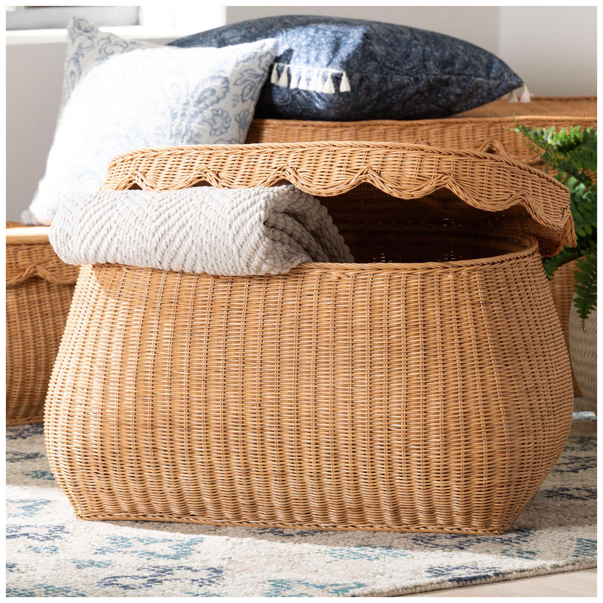bali & pari Ayleen Natural Rattan Basket with Scalloped Lid, Medium