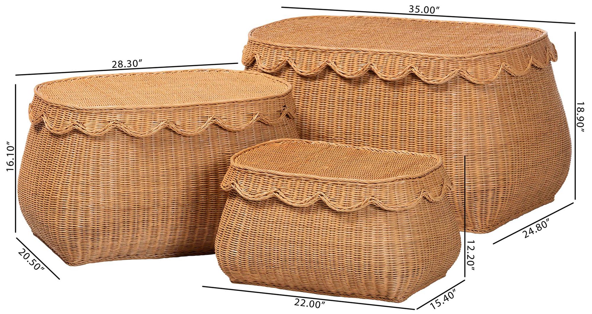 bali & pari Ayleen Rattan Basket Set with Scalloped Lids, 3 Piece Set