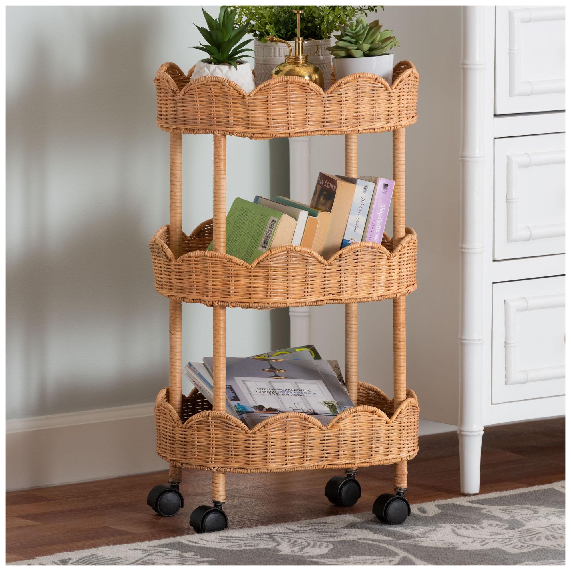 Image 2 bali & pari Bulana Natural Rattan 3-Tier Rolling Storage Cart more views