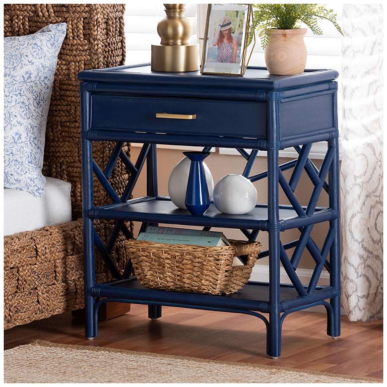 Image 1 bali & pari Daina Blue Natural Rattan Nightstand with Drawer and Shelves