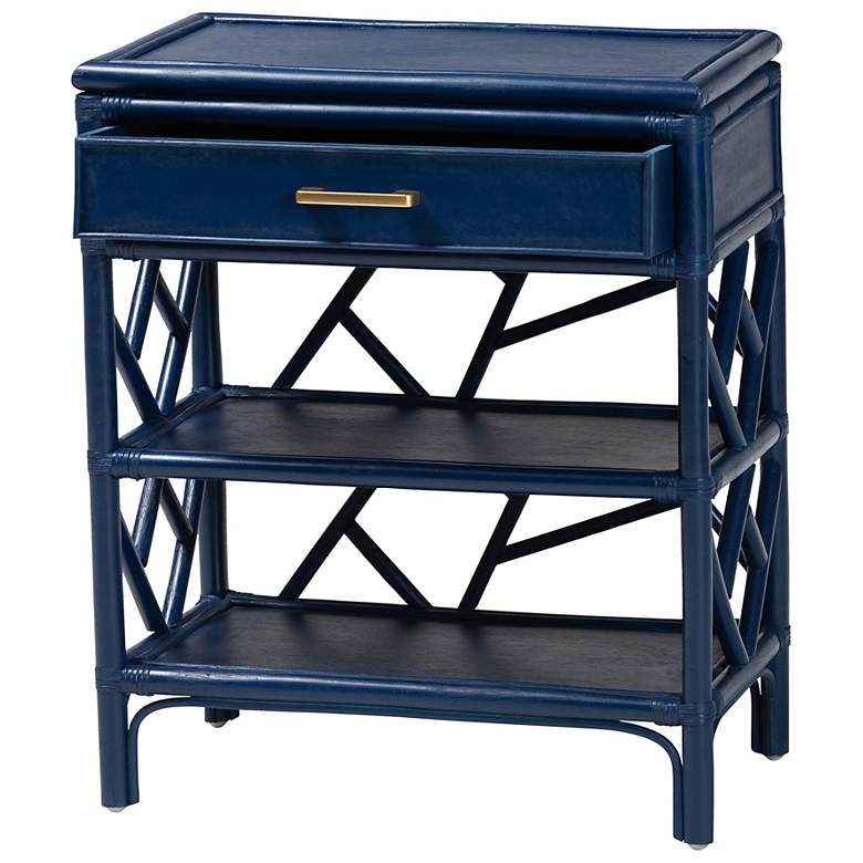 Image 3 bali & pari Daina Blue Natural Rattan Nightstand with Drawer and Shelves more views