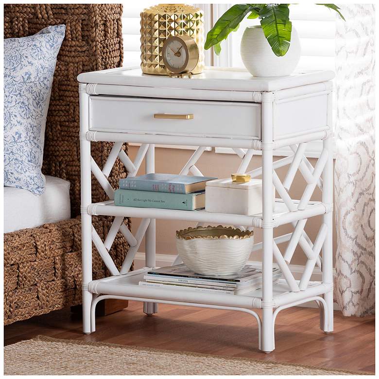 Image 1 bali & pari Daina White Natural Rattan Nightstand with Drawer and Shelves