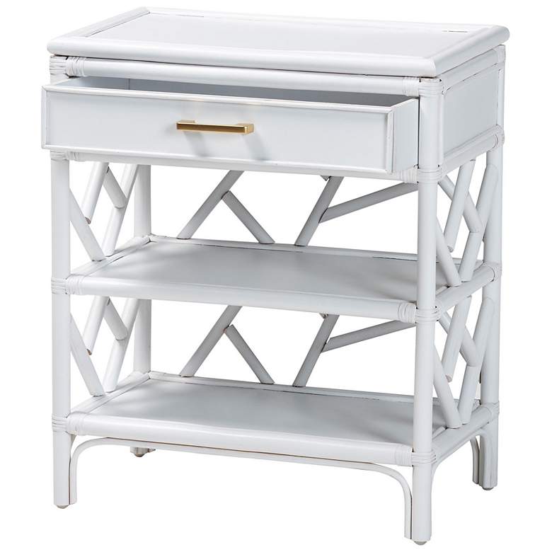 Image 3 bali & pari Daina White Natural Rattan Nightstand with Drawer and Shelves more views