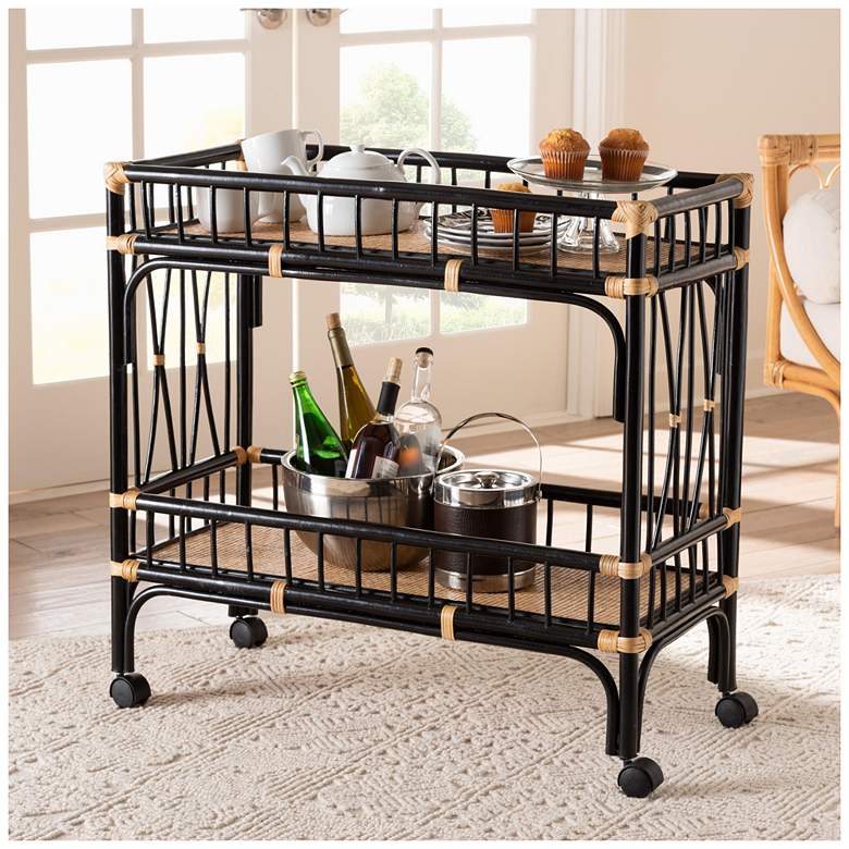 Image 2 bali & pari Dalinda Two-Tone Black and Natural Rattan 2-Tier Kitchen Cart more views