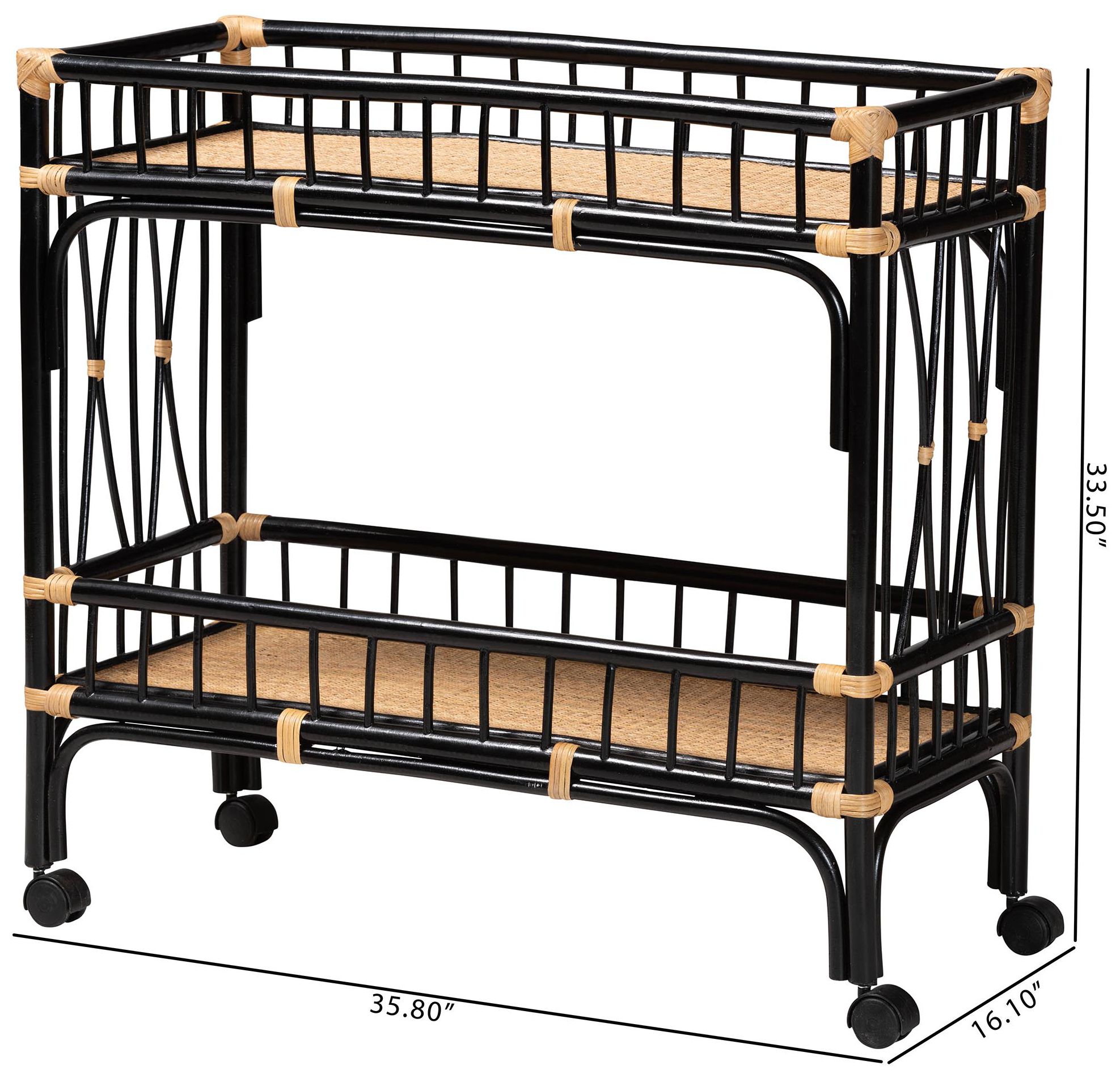 bali & pari Dalinda Two-Tone Black and Natural Rattan 2-Tier Kitchen Cart