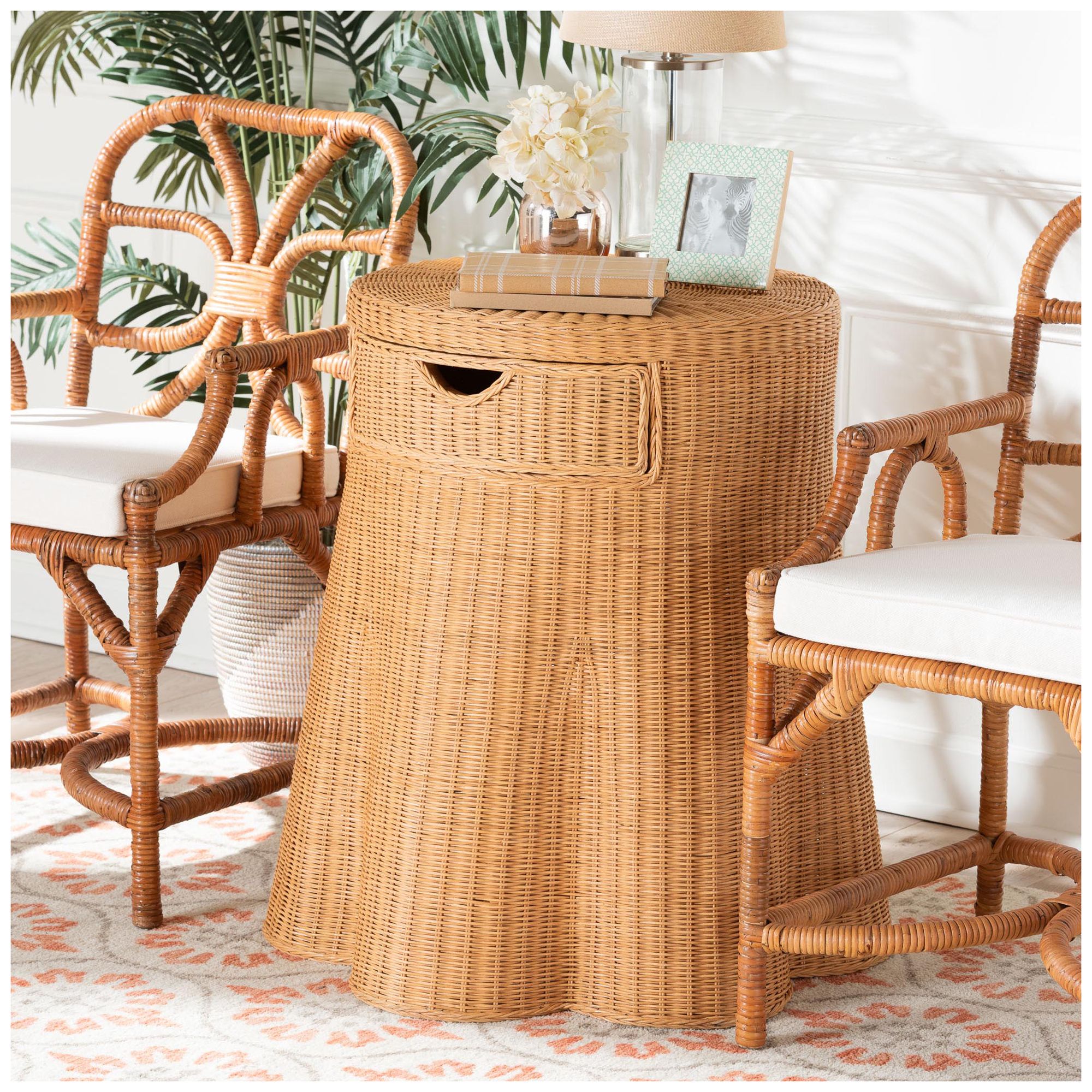 bali & pari Dayo Scalloped Natural Rattan Console Table with Drawer, Round