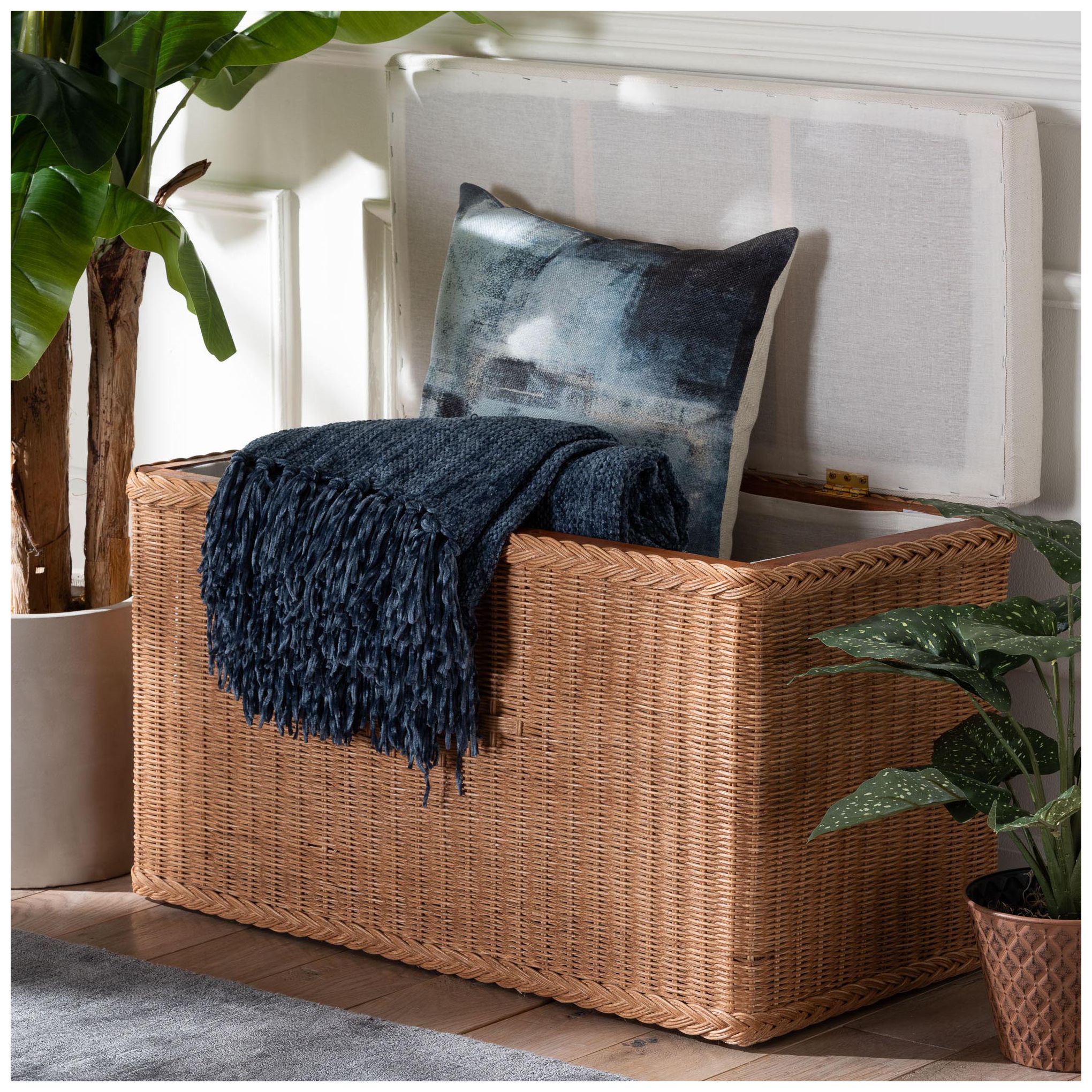 bali & pari Eamon Braided Rattan Storage Bench with Cushioned Lift Top Lid