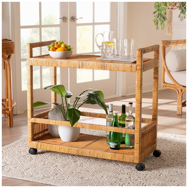 Image 2 bali & pari Genet Natural Brown Rattan and Teak Wood 2-Tier Kitchen Cart more views