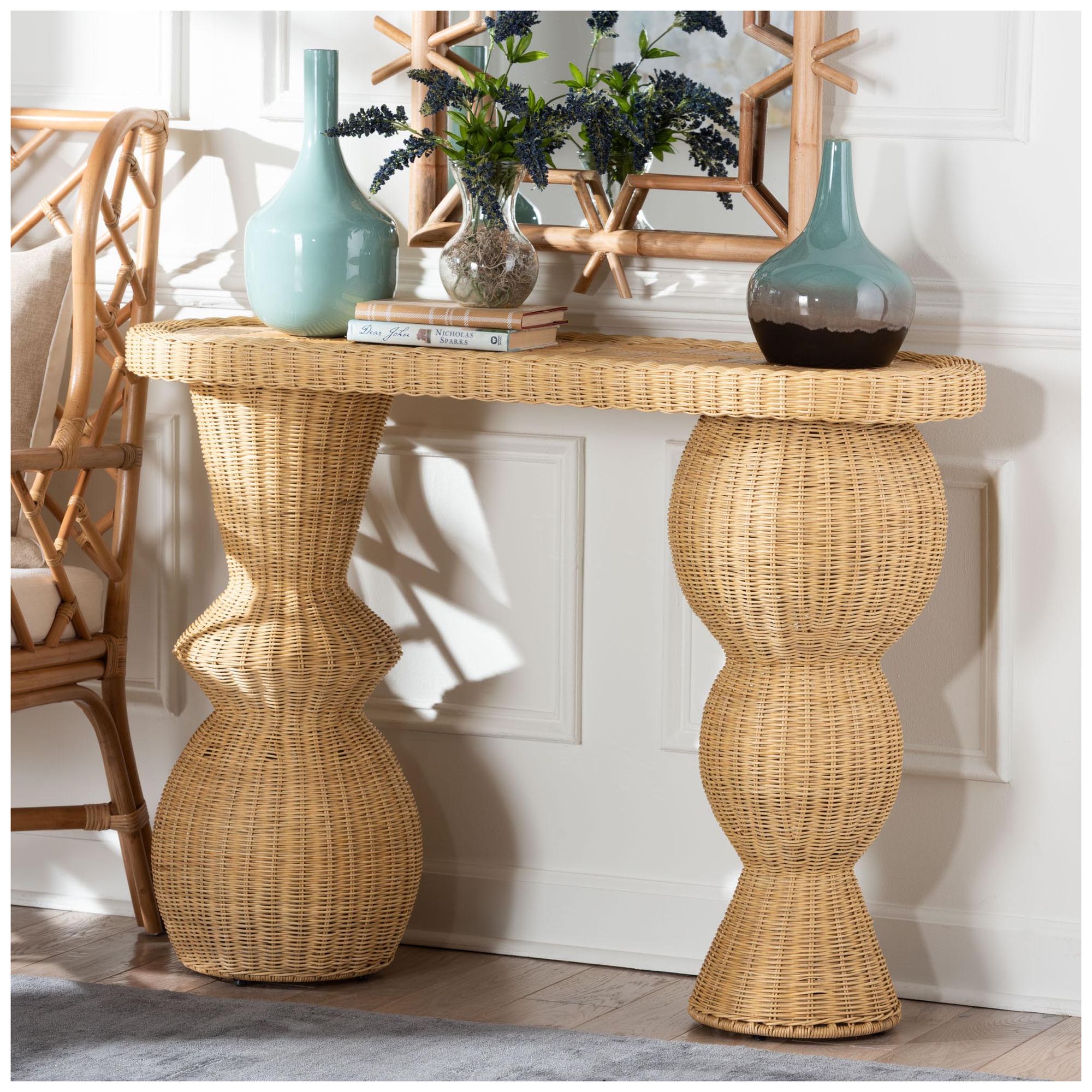 bali & pari Hisao Natural Rattan Checkered Console Table with Base