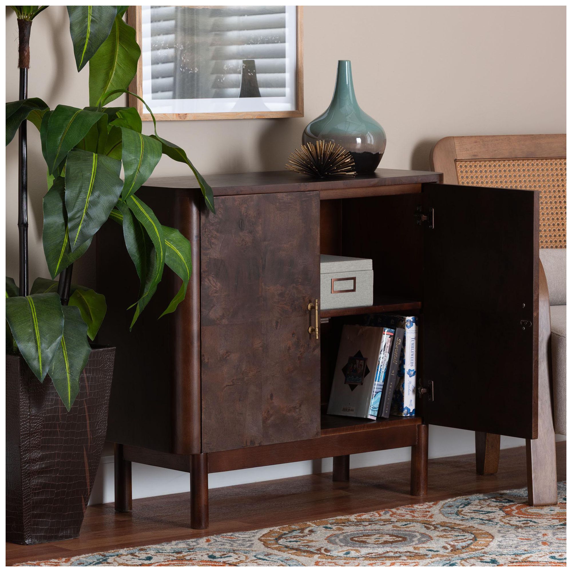 bali & pari Latika Real Burl Wood Storage Cabinet in Dark Walnut Brown