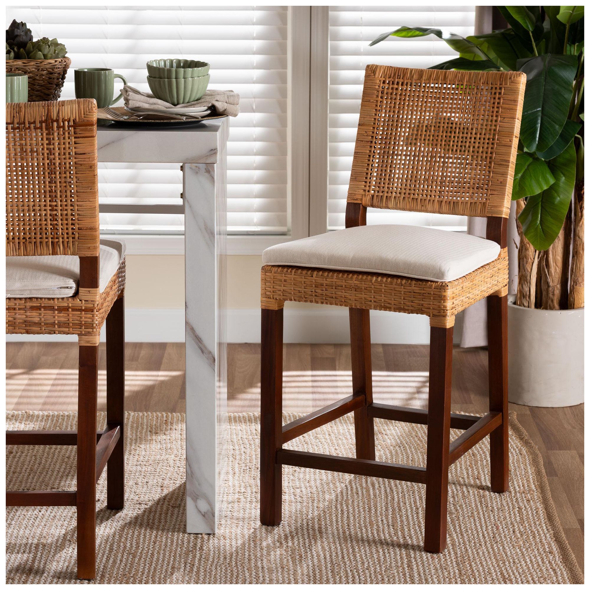 bali & pari Lesia Natural Rattan Counter Stool with Cushion - Handwoven