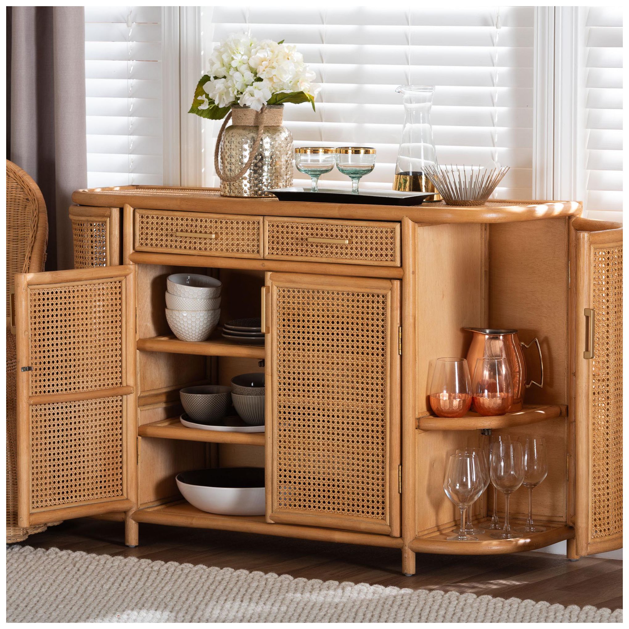 bali & pari McKenna Natural Rattan Sideboard - Wicker Buffet Credenza