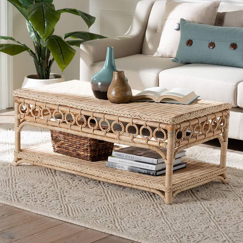 Image 1 bali & pari Oxford Braided Natural Rattan Coffee Table with Open Shelf