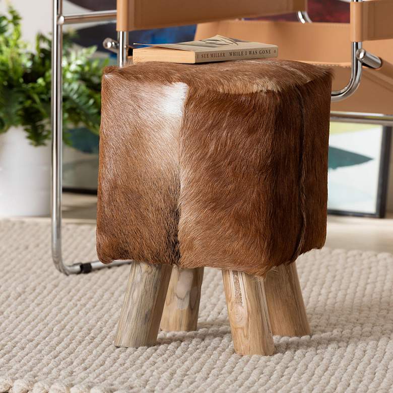 Image 1 bali & pari Scotlyn Genuine Goat Leather Footstool with Teak Wood Legs