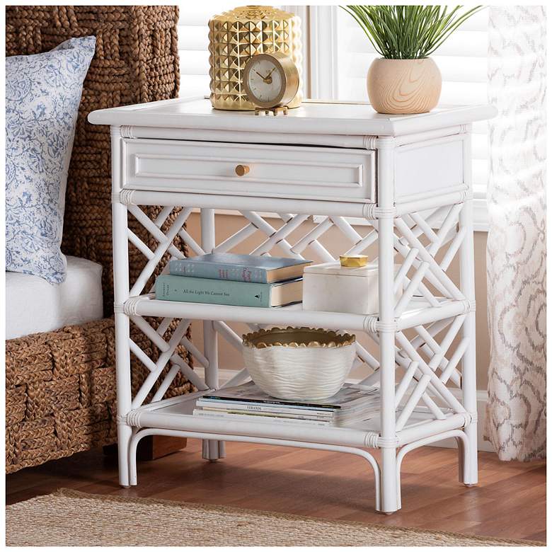 Image 1 bali & pari Tiaret White Natural Rattan Nightstand with Drawer and Shelves