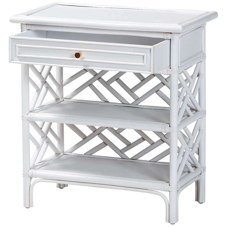 Image 3 bali & pari Tiaret White Natural Rattan Nightstand with Drawer and Shelves more views