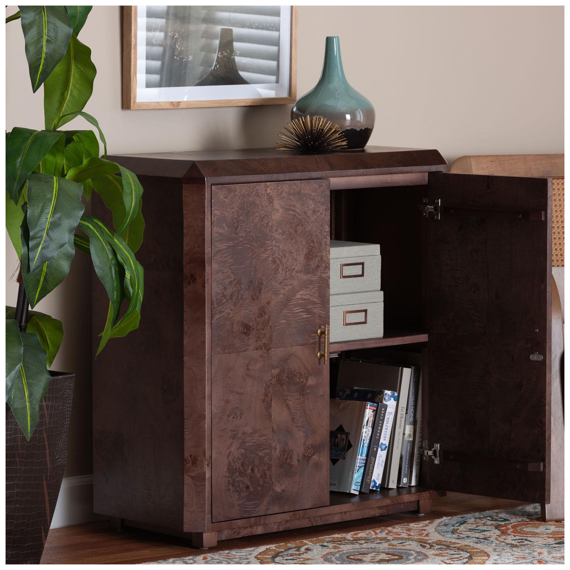 bali & pari Valora Real Burl Wood Storage Cabinet in Dark Walnut Brown