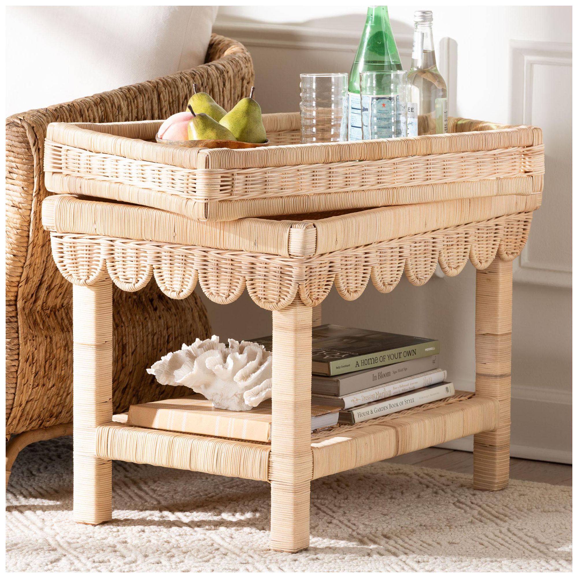 bali & pari Weyman Scalloped Rattan End Table with Removable Tray Top