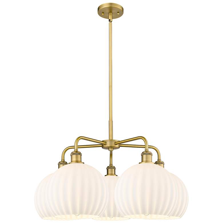 Image 1 Ballston 28"W 5 Light Brushed Brass Stemmed Chandelier w/ Venetian Sha