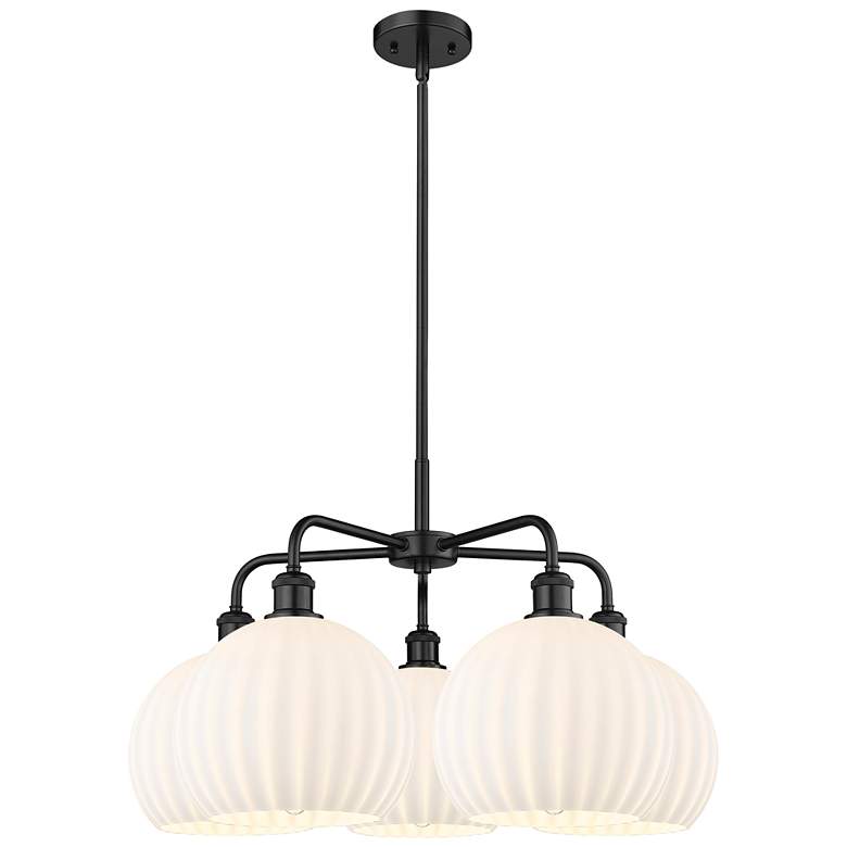 Image 1 Ballston 28"W 5 Light Matte Black Stemmed Chandelier w/ Venetian Shade