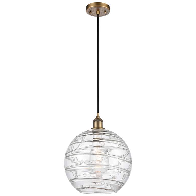 Image 1 Ballston Athens 12" Brushed Brass Corded Mini Pendant w/ Deco Swirl Sh