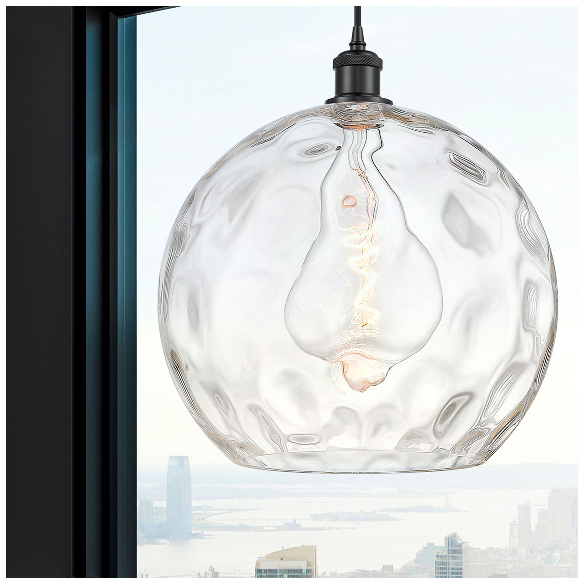 Thumbnail2 of Ballston Athens 14" Matte Black Pendant With Clear Water Glass Shade more views