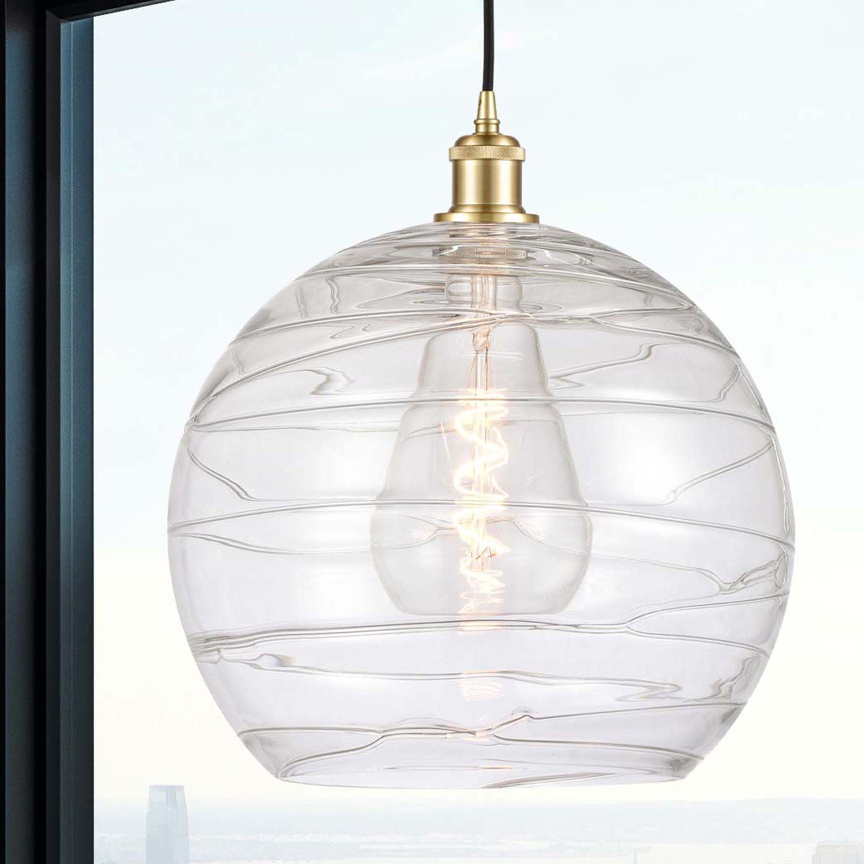 Ballston Athens 14" Satin Gold Pendant With Clear Deco Swirl Shade