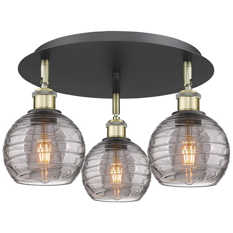 Image 1 Ballston Athens 18"W 3-Light Black Brass Flush Mount w/ Smoke Swirl Sh