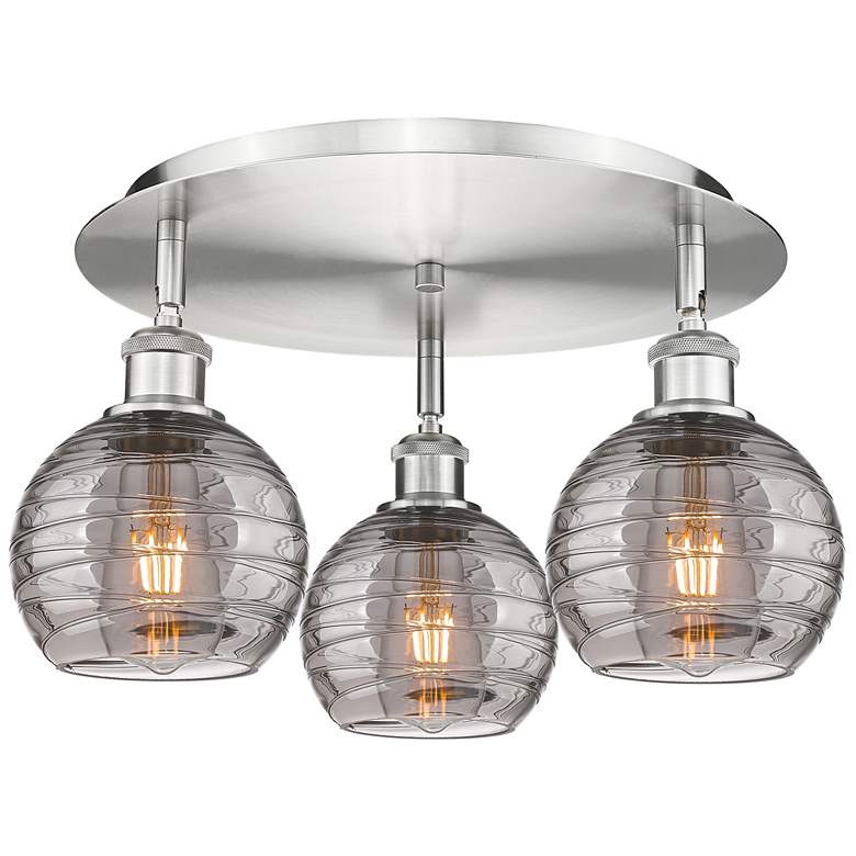 Image 1 Ballston Athens 18"W 3-Light Satin Nickel Flush Mount w/ Smoke Swirl S